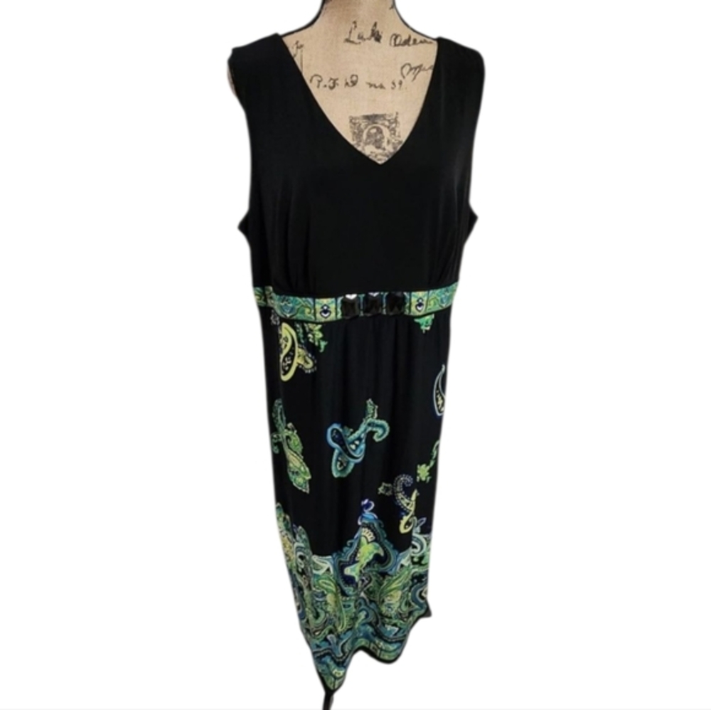 Maggie Barnes Womens 1X Black‎ Paisley V-Neck Sleeveless Embellished Maxi Dress